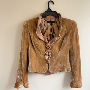 CARMEN MARC VALVO GOLD CRUSHED VELVET JACKET LEOPARD LINING VINTAGE BUTTONS